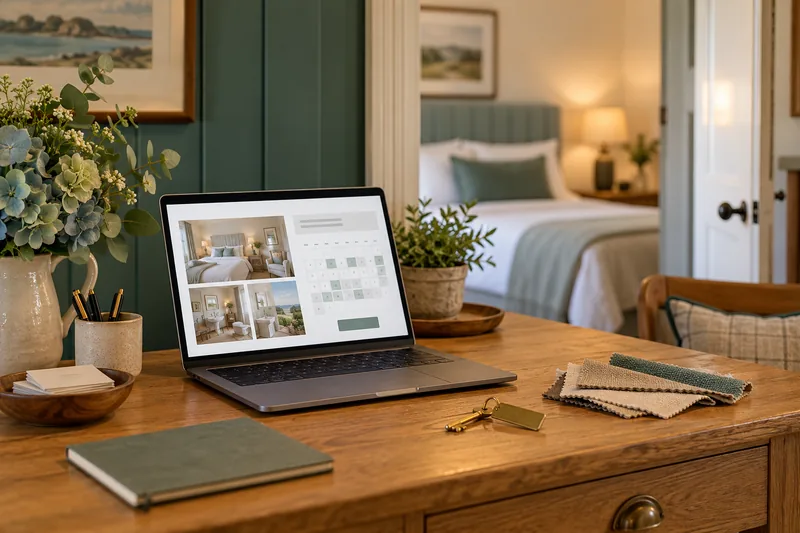 Laptop with a room gallery and availability calendar at an accommodation reception desk.