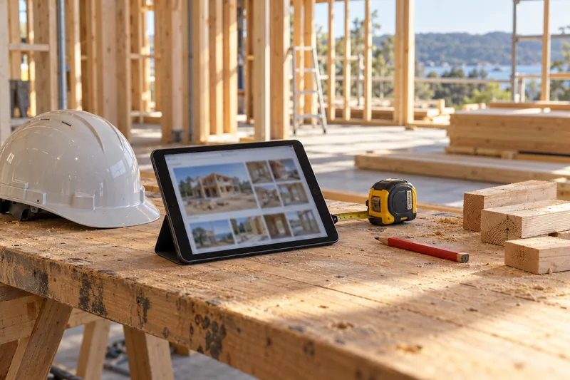 Tablet showing project photographs beside a hard hat and tools on a timber bench.