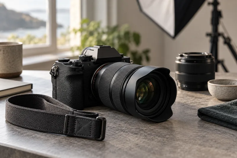 Camera and lenses on a work table with studio lighting behind.