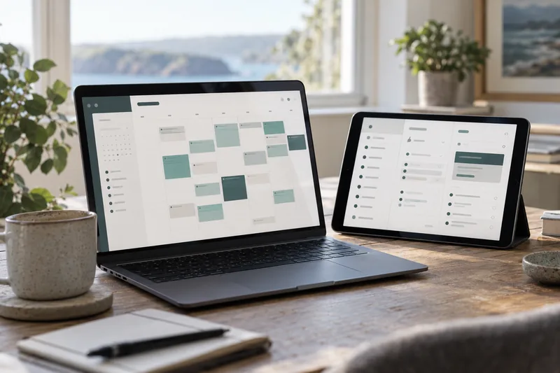 Laptop and tablet displaying calendar and task-management interfaces.