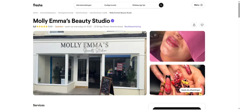Business booking-page preview for Molly Emma’s Beauty Studio in Haverfordwest
