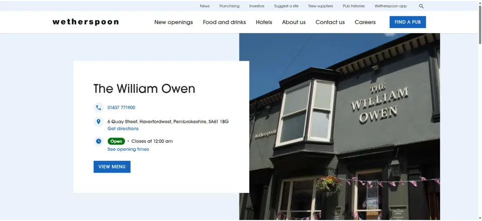 Website preview for The William Owen in Haverfordwest