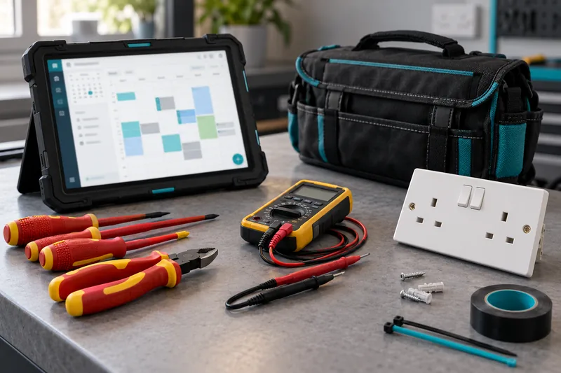 Tablet with a work calendar beside insulated tools and electrical test equipment.