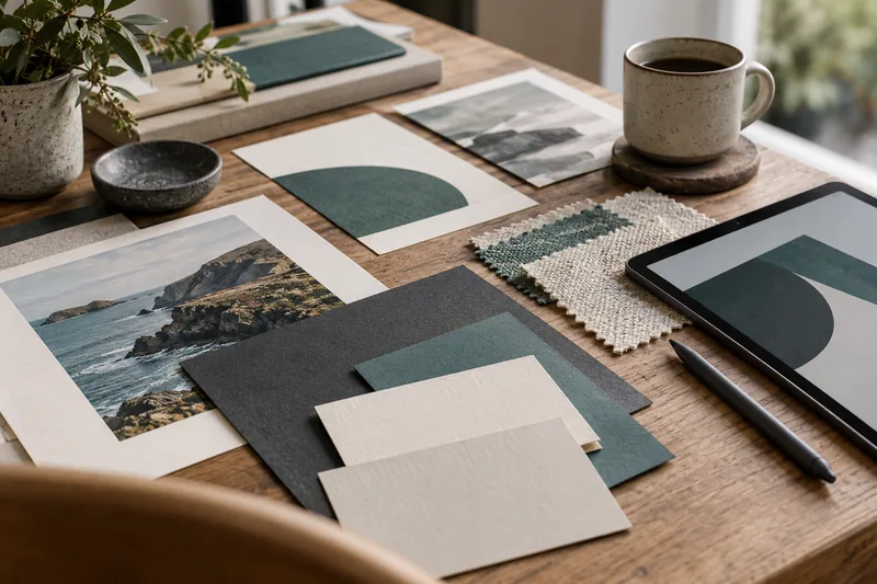 Teal, charcoal and ivory paper samples beside a tablet and stylus.