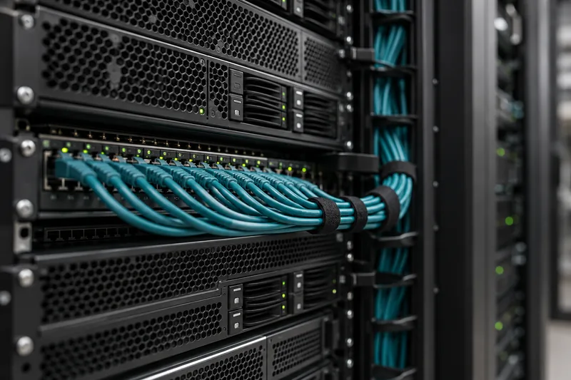 Network cables, patch panels and rack-mounted servers.