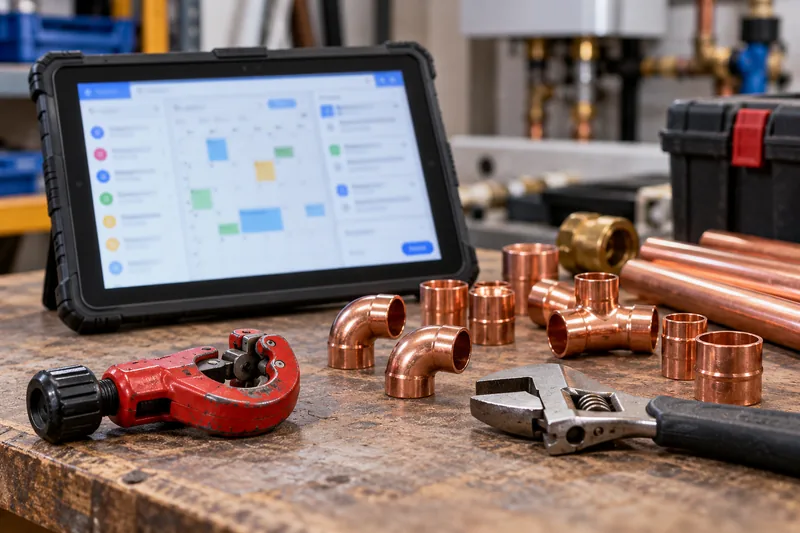 Tablet with a job calendar beside copper fittings and plumbing tools.