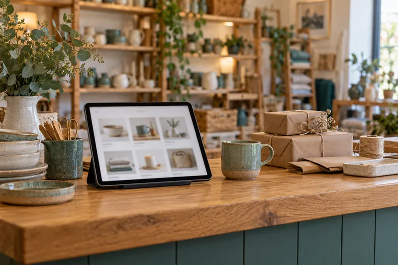 Tablet displaying an online shop beside ceramics and wrapped parcels on a shop counter.