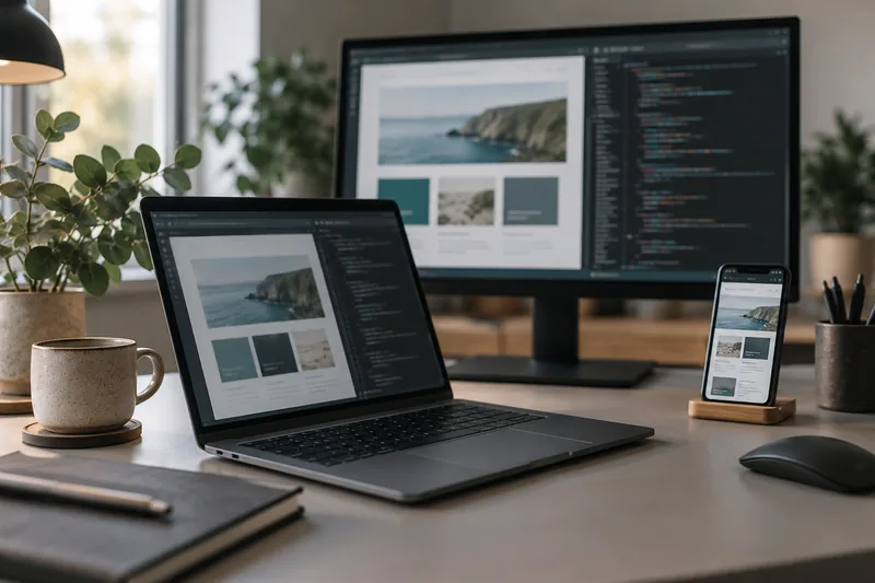 Laptop, monitor and phone displaying responsive website layouts.
