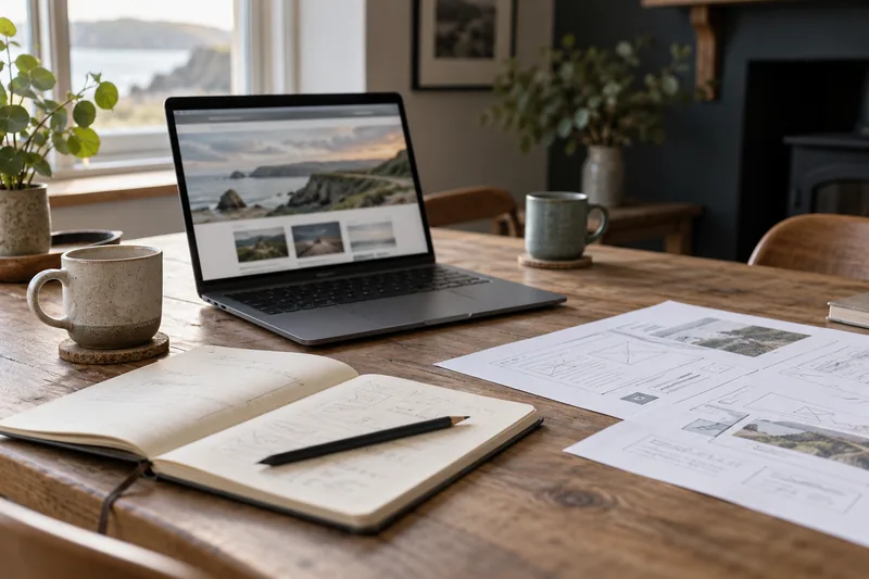Laptop, notebook and paper website layouts arranged for a planning discussion.